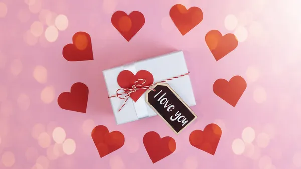 Walentynki Kocham Cię Pozdrowienia Wzór Karty Białe Pudełko Teraźniejszość Różowym — Zdjęcie stockowe