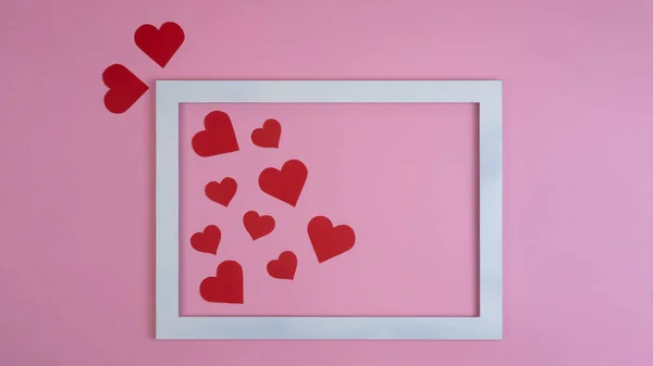 Valentijnsdag Liefde Bruiloft Wenskaart Template Rechthoekig Wit Frame Rode Harten — Stockfoto