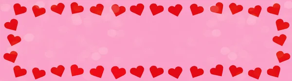 情人节爱心婚礼贺卡模板 红色心形框架 粉色背景纹理 顶视图 有防盗灯 — 图库照片
