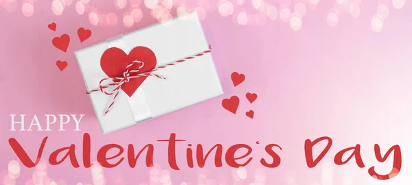Happy Walentynki Kartka Okolicznościowa Szablon Białe Pudełko Teraźniejszość Czerwonym Sercem — Zdjęcie stockowe