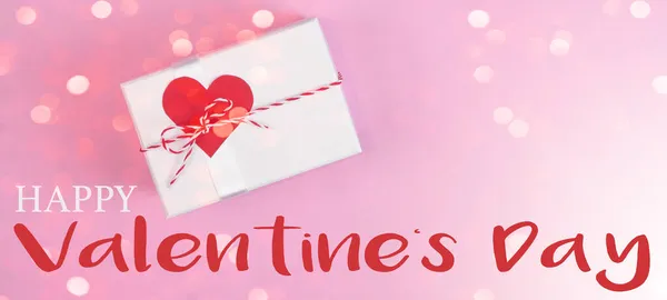 Happy Valentine Day Wenskaart Template Witte Geschenkdoos Geschenk Met Rood — Stockfoto