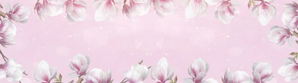 由美丽的盛开的木兰花制成的框架 与粉色背景横幅全景隔离的软闪光灯和Bokeh — 图库照片