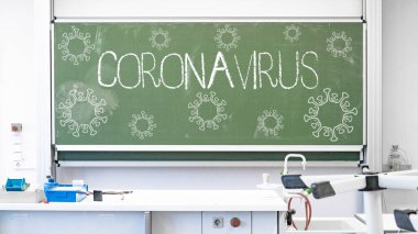 CORONAVIRUS arka planı - Tahtada yüksek sandalyeler ve virüs sembolleri olan boş biyoloji fizik odası