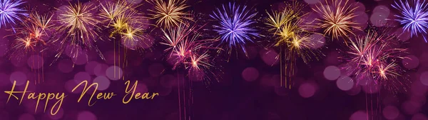 Silvester New Year Background Banner Panorama Long Colorful Firework Dark — Stock Photo, Image