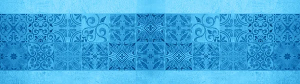 Blå Abstrakt Vintage Retro Geometriska Fyrkantiga Mosaik Motiv Cementplattor Textur — Stockfoto