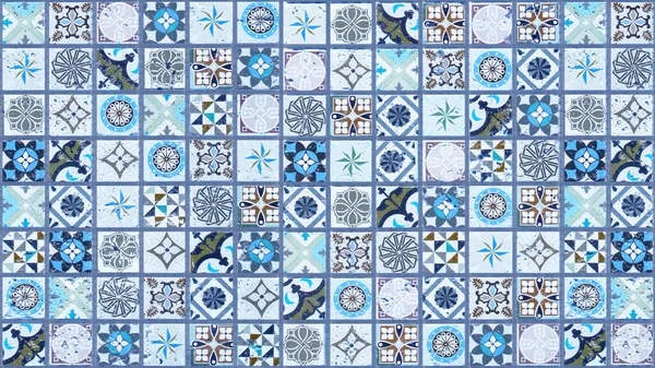 Blue Bright Vintage Retro Geometric Square Mosaic Motif Cement Tiles — Stock Photo, Image