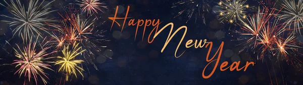 Поздравительная Открытка Фоне Новогоднего Баннера Красочный Фейерверк Темно Синем Ночном — стоковое фото