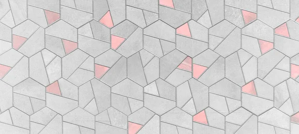 要旨グレーグレーホワイトピンク明るいシームレス幾何学六角形モザイクセメント石コンクリートタイル壁テクスチャ背景バナー — ストック写真