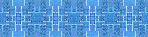 Blå Vit Vintage Retro Geometrisk Fyrkantig Rektangel Mosaik Stämpel Konst — Stockfoto