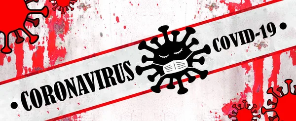 Coronavirus Briefmarkenbanner Coronavirus Covid Schriftzug Mit Schlafendem Cartoon Virus Mit — Stockfoto