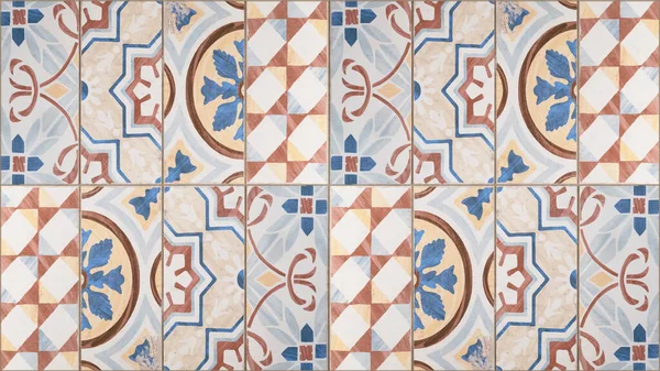 Blanco Marrón Azul Vintage Retro Geométrico Cuadrado Mosaico Motivo Cemento —  Fotos de Stock
