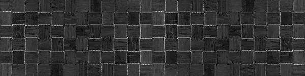 木製構造の背景バナーパノラマと黒安山岩コンクリートセメント石の正方形のキューブテクスチャ — ストック写真