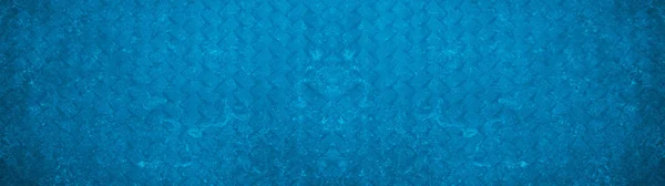 蓝色复古几何母题水泥瓷砖纹理背景横幅全景菱形网格打印 — 图库照片
