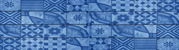 Azul Vintage Retro Geométrico Rectángulo Mosaico Motivo Cemento Azulejos Textura —  Fotos de Stock