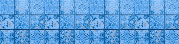 Blå Vintage Retro Geometriska Rektangel Mosaik Motiv Cementplattor Textur Bakgrund — Stockfoto
