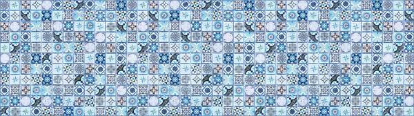 Azul Brilhante Vintage Retro Geométrico Quadrado Mosaico Motivo Cimento Telhas — Fotografia de Stock