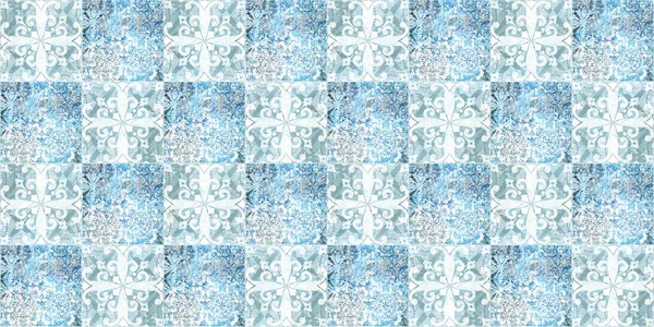 ブルーホワイトヴィンテージ着用レトロ幾何学モチーフセメント正方形モザイクタイル壁紙花の葉プリントテクスチャの背景 — ストック写真