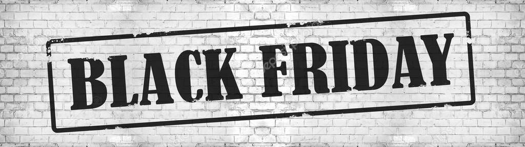 Black Friday shopping discount background banner panorama template - black grunge stamp on white brick wall texture