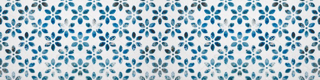 White vintage shabby tiles texture with blue flower blossom motif print Background banner long