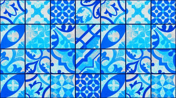 Abstrato Sem Costura Colorido Azul Branco Retalhos Mosaico Cimento Telhas — Fotografia de Stock