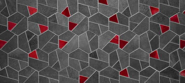 要旨灰色の方解石赤暗シームレス幾何六角形モザイクセメント石コンクリートタイル壁テクスチャ背景バナー — ストック写真