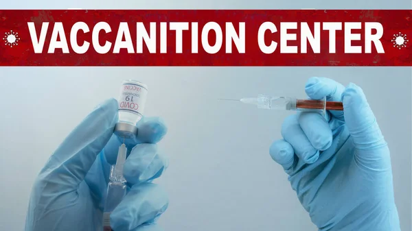 Coronavirus Covid Вакцинація Лікар Тримає Шприц Вакциною Корони Руках Червоним — стокове фото