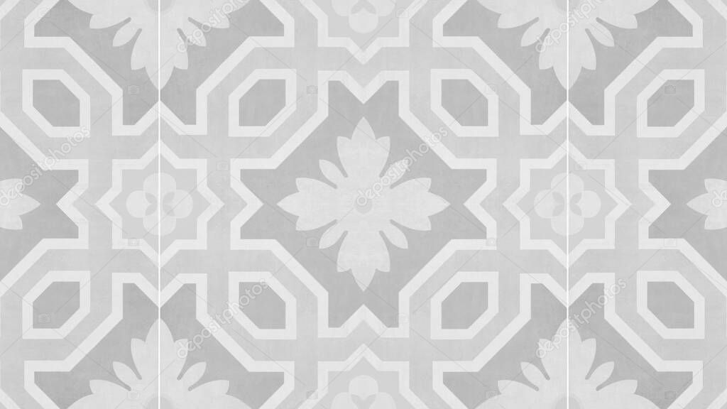 Seamless gray white vintage retro grunge cement stone concrete tile wallpaper texture background, with geometric square rhombus diamond flower pattern print mosaic