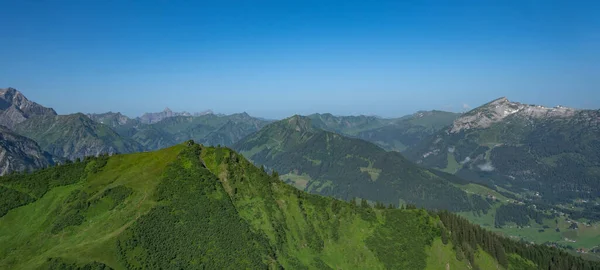 Kleinwalsertal Mountains Landscape Panorama Background Mountain Panorama Summer Blue Sky — Stock Photo, Image