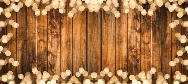 Рамка Огней Bokeh Золотые Вспышки Изолированные Деревенской Коричневой Деревянной Текстуры — стоковое фото