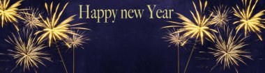 Mutlu Yıllar - Neşeli Silvester arka plan panorama uzun - Koyu mavi gecede altın havai fişekler