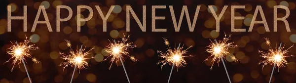 Happy New Year Festliche Banner Grußkarte Viele Brennende Wunderkerze Mit — Stockfoto