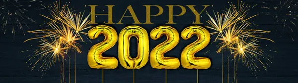 Gold Foil Balloons Numeral 2022 Golden Firework Dark Blue Wooden — Stock Photo, Image