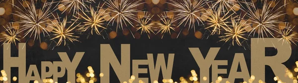 Golden Happy New Year Letter Letting Gold Bokeh Lights Fireworks — стокове фото