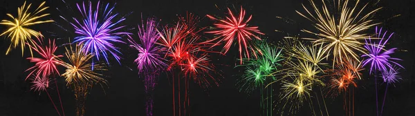 Fireworks Festival Event Ročník Party Pozadí Banner Panorama Barevný Ohňostroj — Stock fotografie