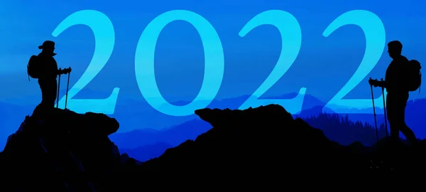 New Year 2022 Blue Black Landscape Hiking Background Banner Panorama — Stock Photo, Image