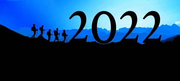 New Year 2022 Blue Black Landscape Hiking Banner Panorama Picture — стоковое фото