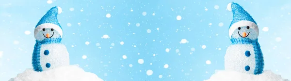 Winter Snow Snowman Background Panoramic Banner Panorama Holiday Greeting Card — Foto Stock