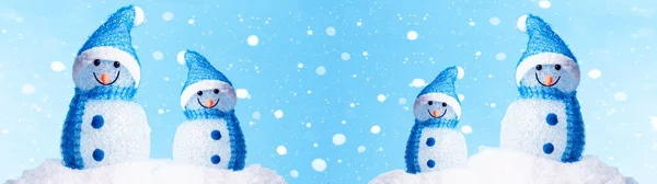 Winter Snow Snowman Snowmen Background Panoramic Banner Panorama Holiday Greeting —  Fotos de Stock