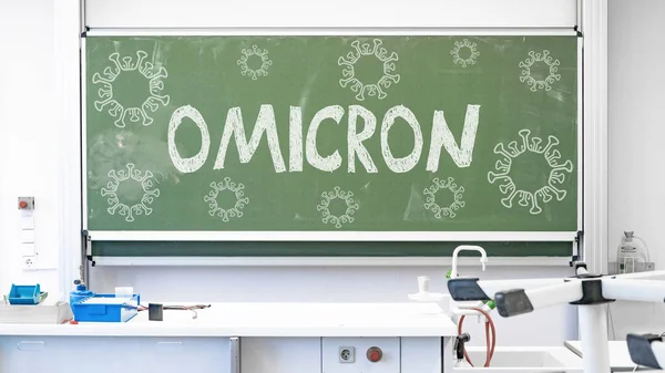 Coronavirus Omicron Hintergrund Leerer Biologie Physikraum Der Schule Mit Hochstühlen — Stockfoto