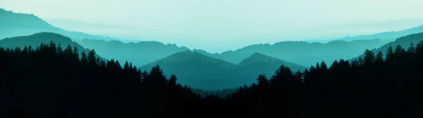 德国的黑森林 施瓦兹瓦尔德 中迷人的神秘升起的雾林山脉风景全景与黑暗的轮廓 — 图库照片