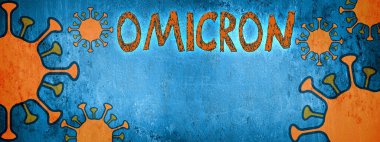 CORONAVIRUS OMICRON VIRUS VARIANT - Mavi soyut rustik doku arka plan panoramasında izole edilmiş turuncu çizgi film virüsü, metin için alanı olan üst görünüm (tamamlayıcı renkler) )