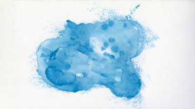 Mavi renkli soyut suluboya sıçrama fırça desenli resim kağıdı - yaratıcı Aquarelle resmi, beyaz arka planda izole edilmiş, tasarım için tuval, el çizimi