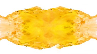 Sarı turuncu renkli soyut suluboya sıçrama fırça desenli resim kağıdı - yaratıcı sanat Kova resmi, beyaz arka planda izole edilmiş, tasarım için tuval, el çizimi