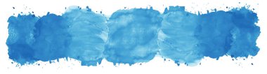 Mavi renkli soyut suluboya sıçrama fırça desenli resim kağıdı - yaratıcı sanat Aquarelle boyanmış, beyaz arka plan panoraması, tasarım için tuval, el çizimi