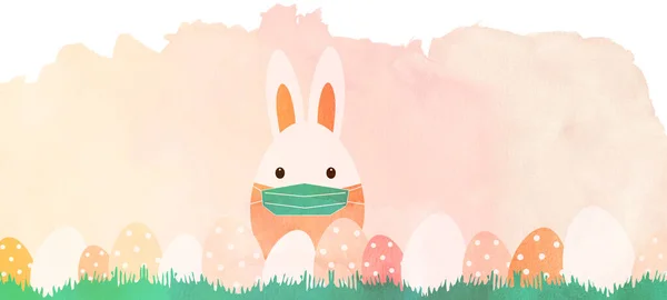Coronavirus Happy Easter Background Panorama Banner Greeting Card Easter Bunny — Stok Foto