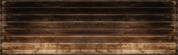 旧褐色的乡村色深色木制质感 木制木材背景全景长旗 — 图库照片