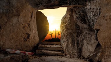 Easter background - Resurrection of Jesus Christ in Golgota / Golgotha jerusalem israel, empty tomb with bloody linen shroud, sunrise and three crucefix crosses clipart