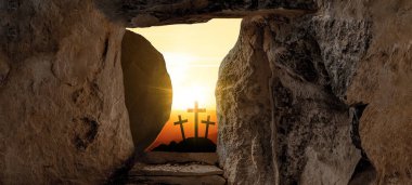 Easter background - Resurrection of Jesus Christ in Golgota / Golgotha jerusalem israel, empty tomb, sunrise and three crucefix crosses clipart