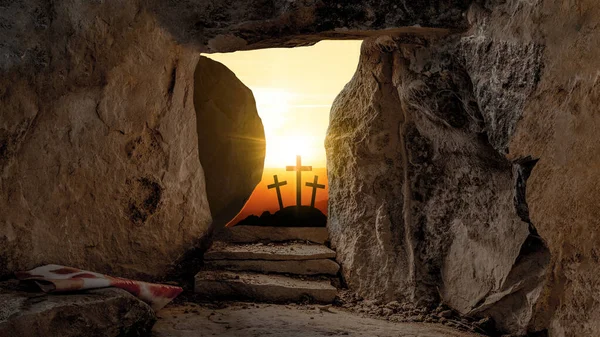 Paskalya arkaplanı - Golgota / Golgotha Kudüs İsrail 'de İsa' nın dirilişi, kanlı keten kefenli boş bir mezar, gün doğumu ve üç haç.