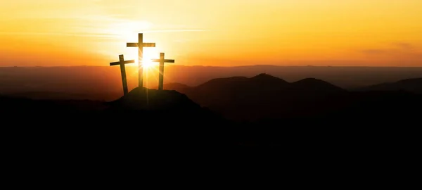 Tło Wielkanocne Baner Panorama Religijne Kartka Okolicznościowa Ukrzyżowanie Zmartwychwstanie Trzy — Zdjęcie stockowe